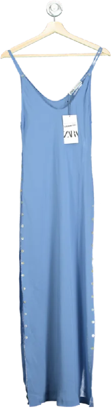 Women's maxi dress weave chic -Zara Blue Button-Down Side Split Maxi Dress S