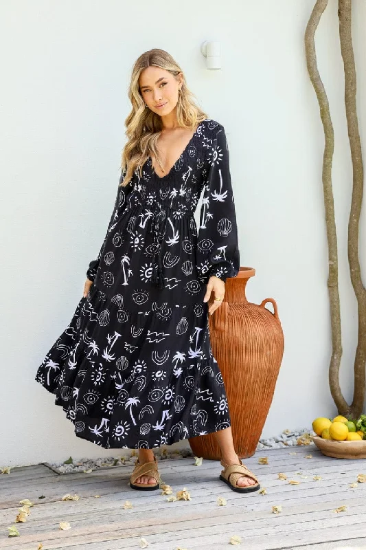 Women's maxi dress quiz chic -Maui Shirred Drawstring Maxi Dress - Black