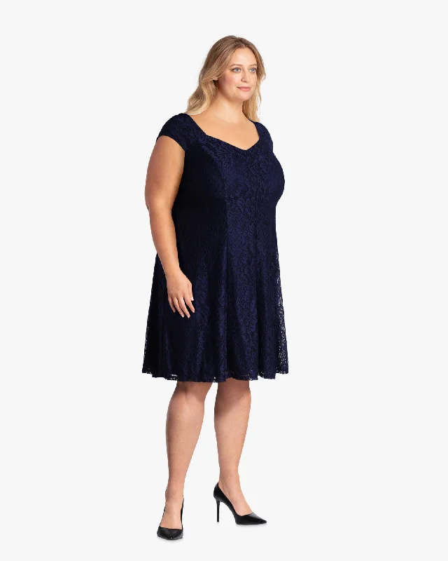 ladies-flared-dress-ruched-rush-Galilee Lace Fit & Flare Dress | Navy