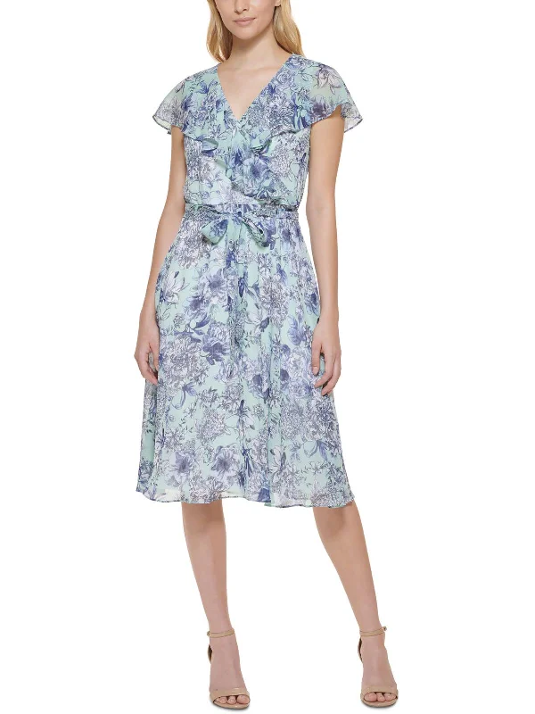 ladies-flared-dress-rose-ripple-Petites Womens Chiffon Floral Fit & Flare Dress