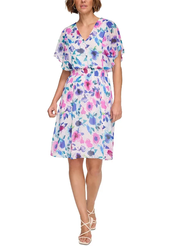 ladies-flared-dress-stretchy-sway-Womens Smocked Waist Floral Fit & Flare Dress