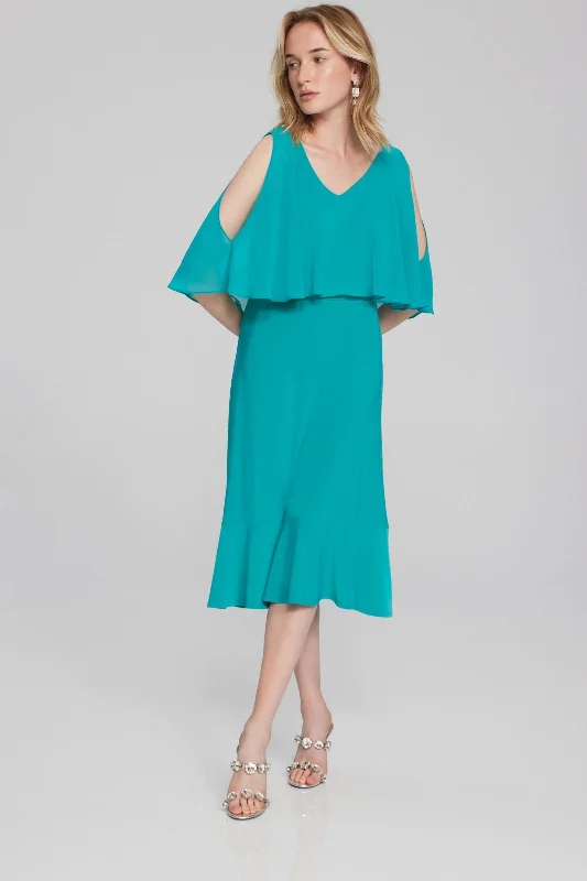 ladies-flared-dress-orange-orchid-Joseph Ribkoff Ocean Blue Ruffled Cold Shoulder Fit & Flare Dress 241706