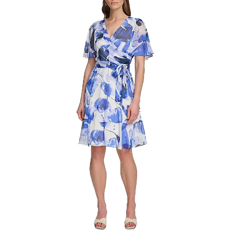 ladies-flared-dress-breathable-bloom-Petites Womens Chiffon Flutter Sleeves Fit & Flare Dress