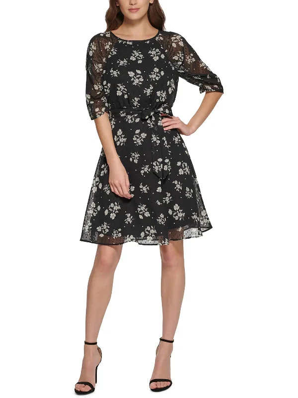 ladies-flared-dress-mesh-muse-Womens Floral Print Polyester Fit & Flare Dress