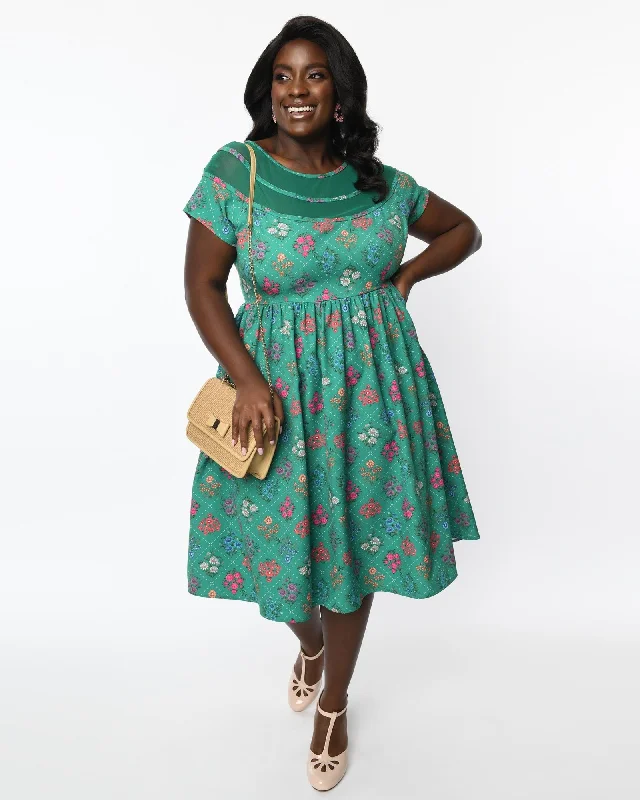 ladies-flared-dress-high-waist-hush-Unique Vintage Plus Size Green Floral Argyle Flare Dress | Green Floral Argyle