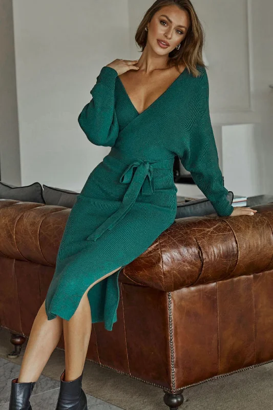 ladies-midi-dress-petite-poise-Cameo Batwing Knit Midi Dress Forest Green