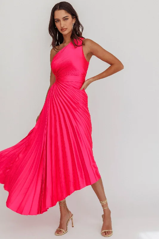 ladies-midi-dress-cold-shoulder-chic-Brooklynn One-Shoulder Accordion Pleat Satin Midi Dress Fuchsia