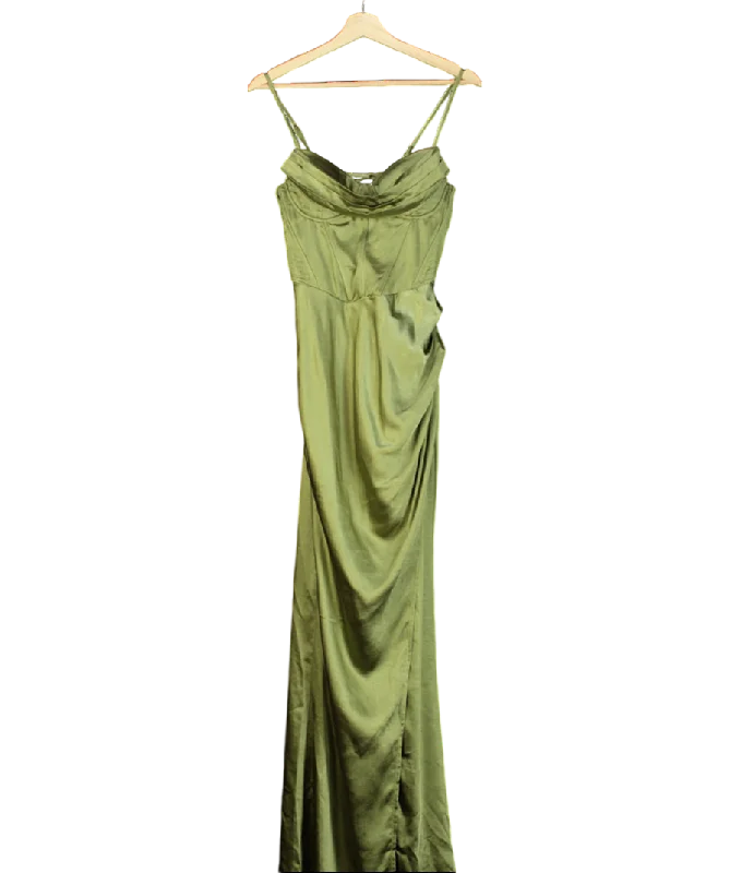 Women's maxi dress steel glow -Club L Green Starlight Cowl Neck Satin Wrap Maxi Dress UK 10