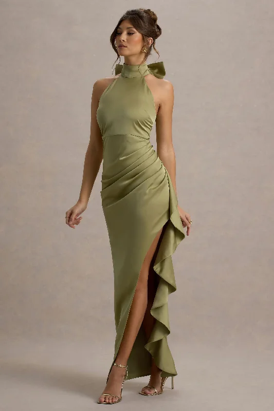 Women's maxi dress luxe glow -Maureen | Light Green Satin High-Neck Draped Maxi Dress