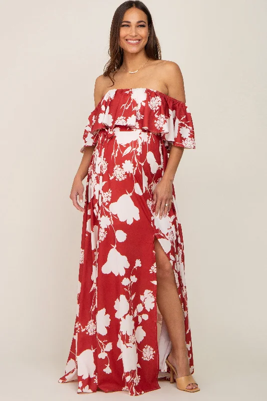 Women's maxi dress keen pop -Rust Floral Overlay Off-Shoulder Side Slit Maternity Maxi Dress