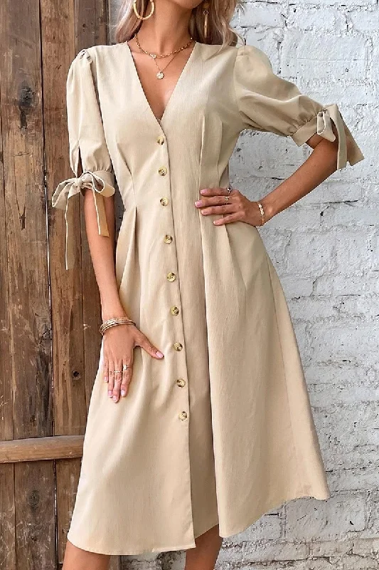 ladies-flared-dress-limited-luster-PUFF TIED SLEEVE V NECK BUTTON UP FLARE DRESS