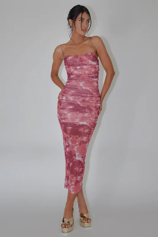 ladies-midi-dress-ochre-opulence-Logan Strapless Ruched Midi Dress Print Wine