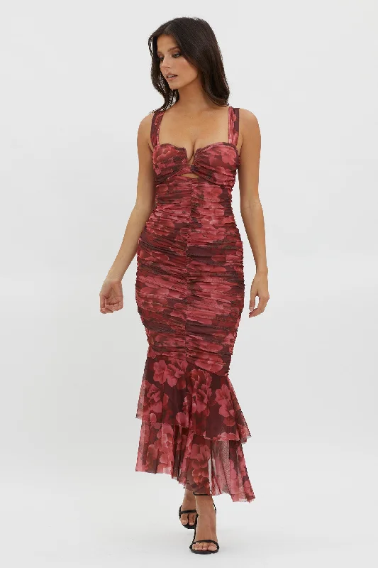 ladies-midi-dress-low-cut-lush-Nadia Ruched Fishtail Midi Dress Floral Wine