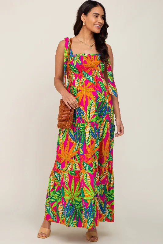 Women's maxi dress ankle glow -Fuchsia Tropical Print Smocked Tie Sleeve Maternity Maxi Dress