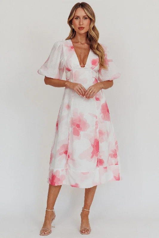 ladies-midi-dress-v-neck-vogue-Elias Puff Sleeve Midi Dress Blush