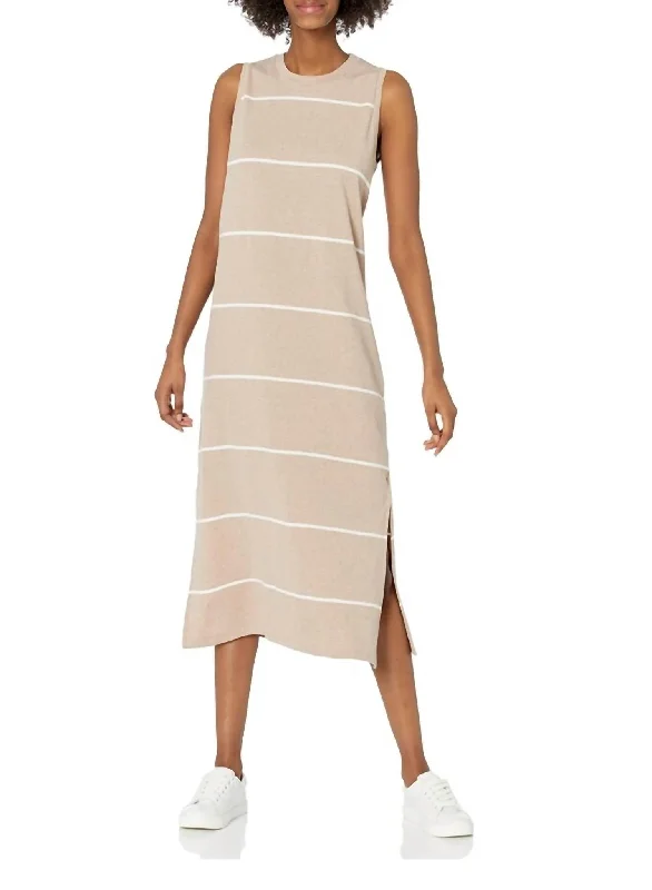 ladies-midi-dress-elastic-essence-Quinn Midi Dress in Tan Stripe