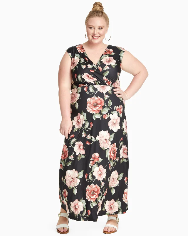 Women's maxi dress bump glow -Springfield V-Neck Maxi Dress | Black / Pink