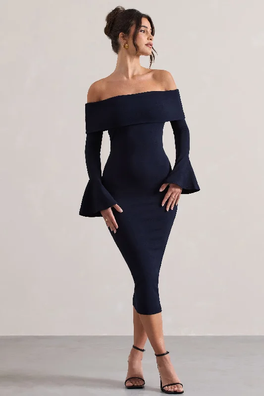 ladies-flared-dress-work-to-whimsy-Emma | Navy Bardot Flared-Sleeve Midi Dress