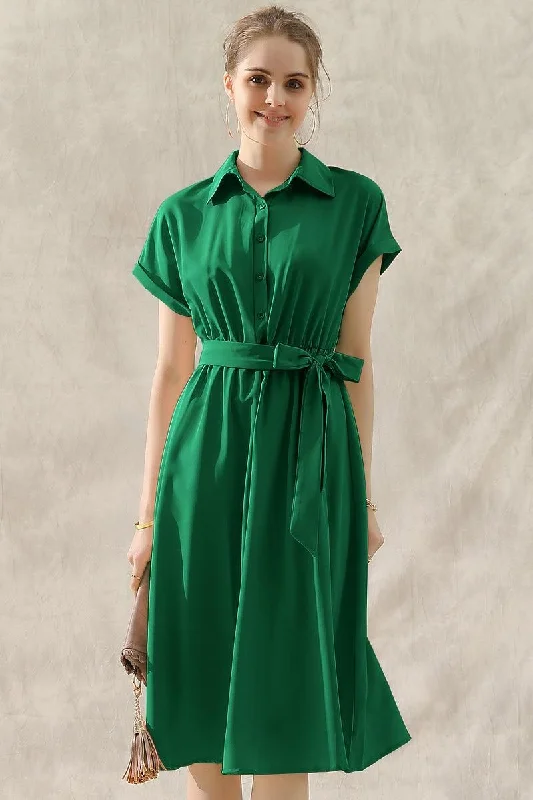 ladies-flared-dress-padded-petal-ROLL UP SLEEVE TIED WAIST FLARE SHIRTS DRESS