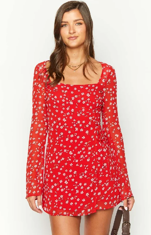 Women's mini dress clean chic -Goldie Red Floral Long Sleeve Mini Dress