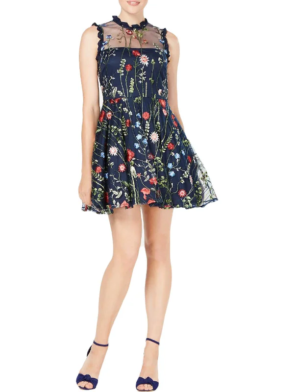 ladies-flared-dress-embroidered-essence-Juniors Womens Floral Short Fit & Flare Dress