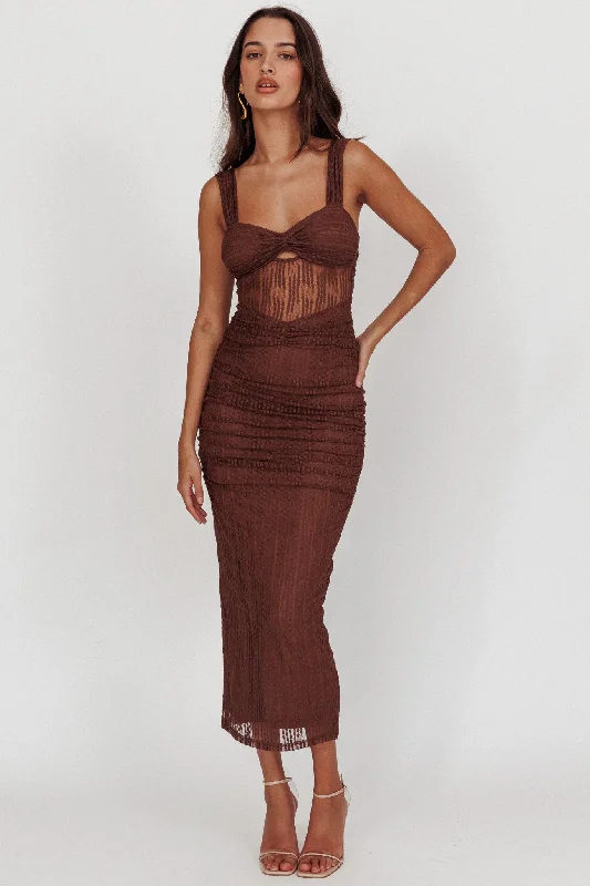 ladies-midi-dress-seasonal-silk-Oliana Embroidered Mesh Midi Dress Chocolate