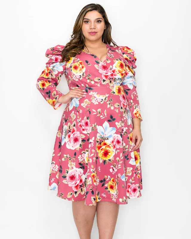 ladies-flared-dress-designer-dusk-Kourtney Floral Flare Dress | Mauve/Pink/Blue Floral