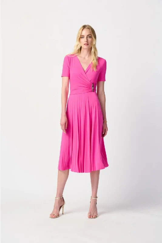 ladies-flared-dress-delicate-dawn-Joseph Ribkoff  Pleated Faux Wrap Short Sleeves Fit And Flare Dress 241013