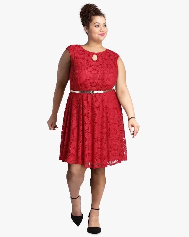 ladies-flared-dress-statement-sweep-Lucy Lace Fit and Flare Dress | Red