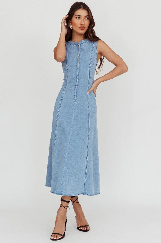 ladies-midi-dress-bright-breeze-Passionate Flame Sleeveless A-line Midi Dress Denim Blue