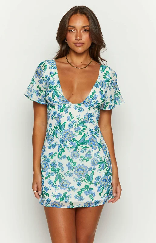 Women's mini dress half pop -Mira Blue Floral Chiffon Mini Dress