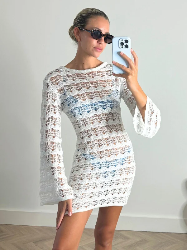 Women's mini dress gleam glow -NEW FIT Ocean Long Sleeve Lace Back Mini dress / White