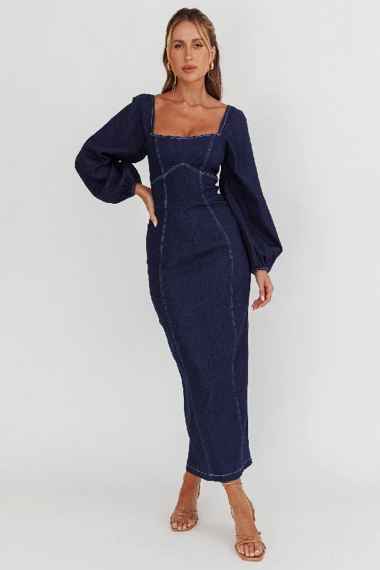 ladies-midi-dress-elegant-ember-Bay Side Long Sleeve Denim Midi Dress Indigo