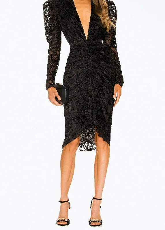 ladies-midi-dress-open-back-opal-Sade Ruched Velvet-Jacquard Midi Dress in Black