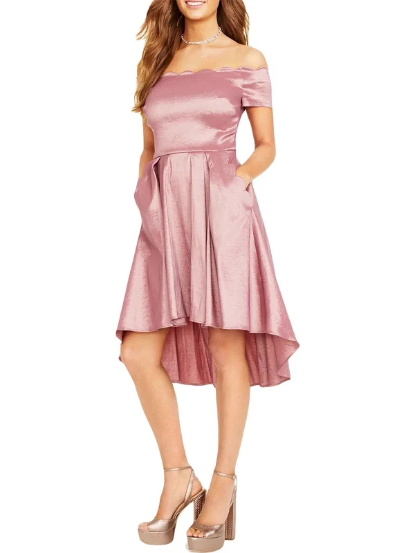 ladies-flared-dress-party-poise-Juniors Womens Scalloped Off the Shoulder Fit & Flare Dress