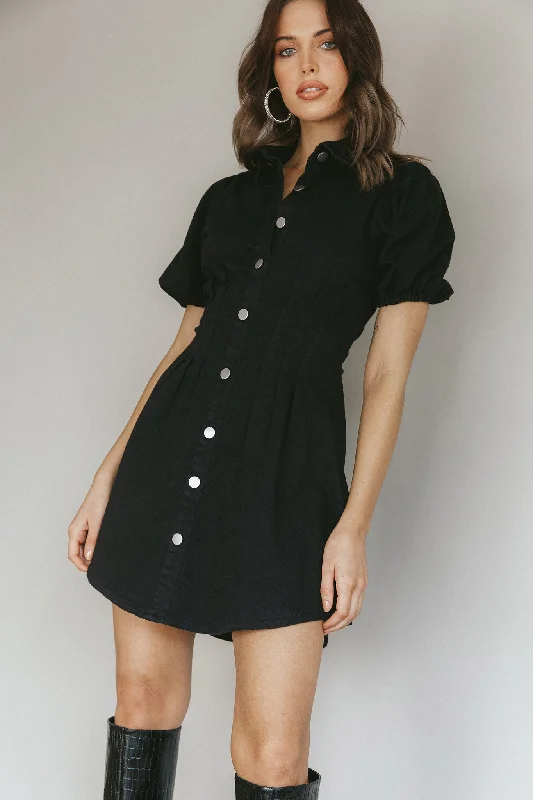 Women's shirt dress core chic -Zurich Pleated Waist Shirt Dress Black