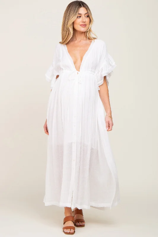 Women's maxi dress sweep pop -Ivory Deep V-Neck Button Down Maternity Maxi Dress