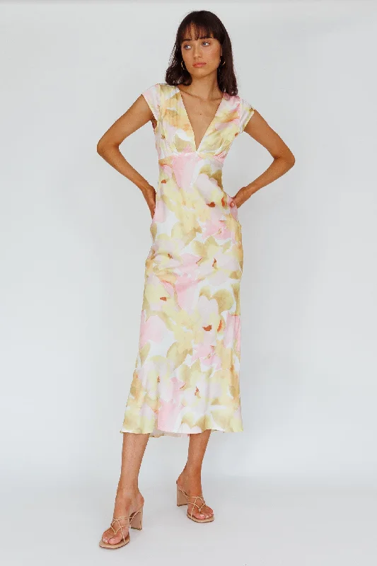 ladies-midi-dress-festival-fawn-Lucinda Cap Sleeve Twist Back Midi Dress Flower Pink