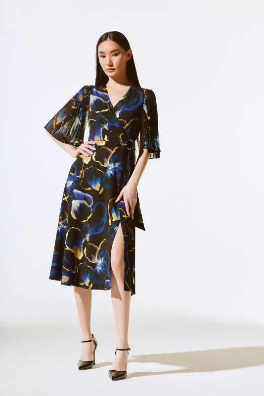 ladies-flared-dress-tiktok-twirl-Joseph Ribkoff Black/Multi Floral Print Chiffon Midi Fit & Flare Dress 243776