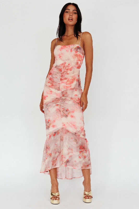 ladies-midi-dress-seasonal-silk-Sayna Ruched Front Midi Dress Floral Pink