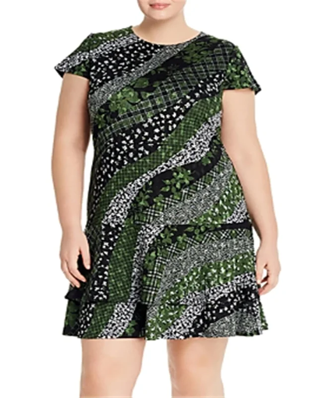 ladies-flared-dress-social-silk-Michael Kors Women's Plus Size Mixed-Print Ruffled Fit & Flare Dress Green Size 2X | Green