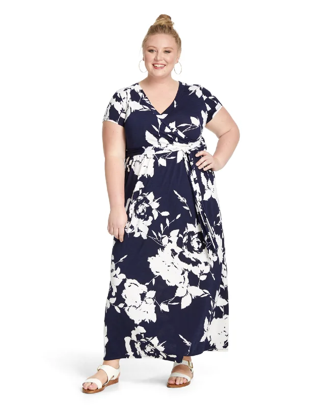 Women's maxi dress loose pop -Miami Faux Wrap Maxi Dress | Navy / White