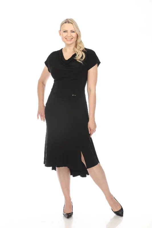 ladies-flared-dress-coffee-calm-Joseph Ribkoff Black Cowl Neck Dolman Sleeve Midi Fit & Flare Dress 241152