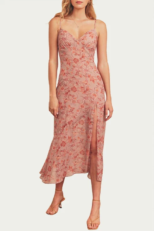 ladies-midi-dress-tangerine-tide-Floral-Print Tie-Detailed Midi Slip Dress In Mauve/Multi