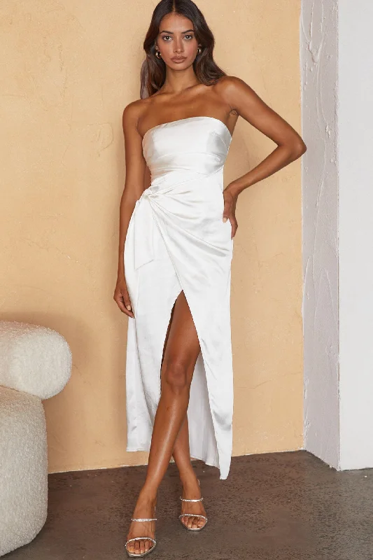 ladies-midi-dress-sheer-shimmer-Gianna Strapless Waist Tie Midi Dress White