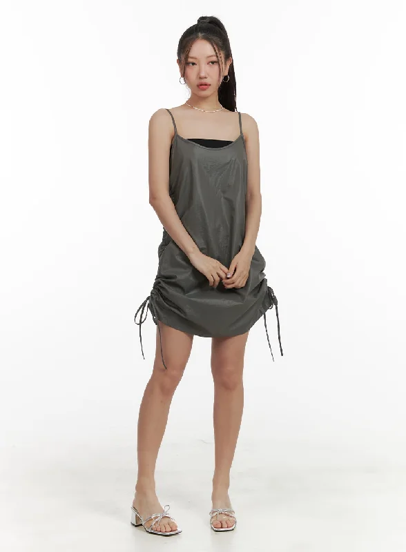 Women's mini dress peak flair -Shirred Nylon Sleeveless Mini Dress OA415