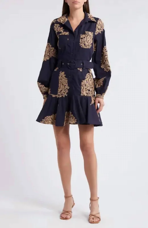 Women's shirt dress flare glow -Ina Long Sleeve Embroidered Shirt Dress In Navy Tan