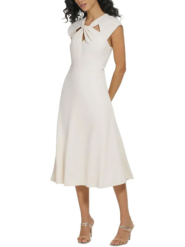 ladies-flared-dress-cap-sleeve-cool-Womens Twist-Neck Midi Fit & Flare Dress