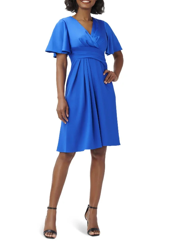 ladies-flared-dress-ecru-essence-Womens Pleated V Neck Fit & Flare Dress