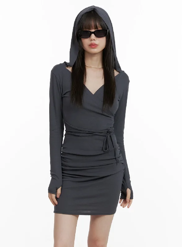 Women's mini dress geo pop -V-Neck Wrap Hooded Mini Dress CY428